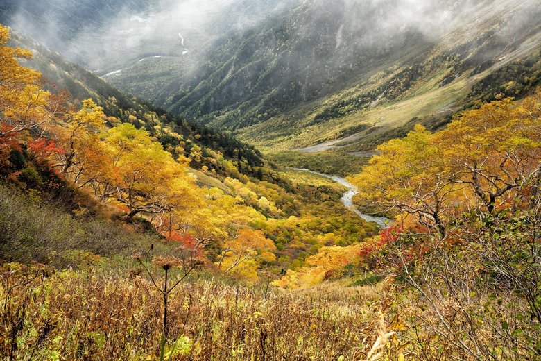 Herbstliche Berglandschaft Nordjapan Herbstliche Berglandschaft in Nordjapan mit farbenprächtigen Wäldern.
